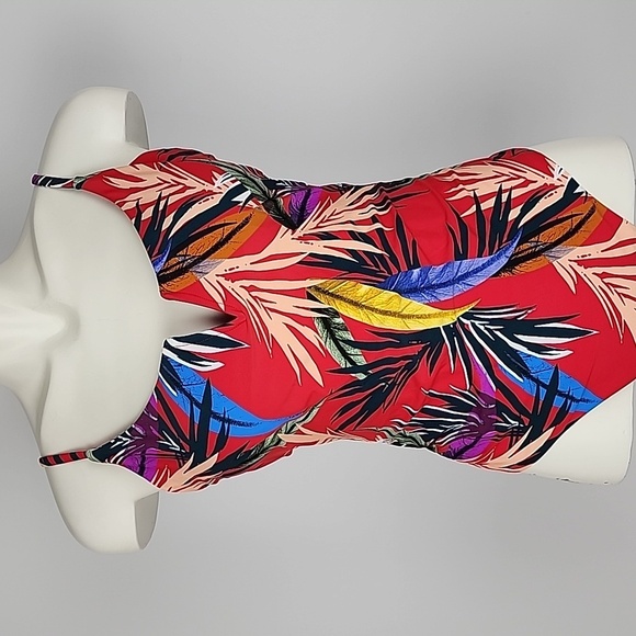 One Piece Bathing Suit Strappy Back Red Multi Tropical Floral Print Size  S/M - Picture 15 of 15